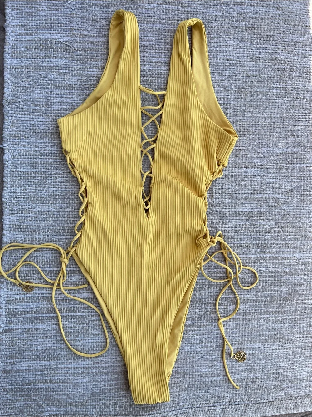 Luli Fama Pura Curiosidad Open Side One Piece Ribbed Swimsuit Yellow Lace Up  M
